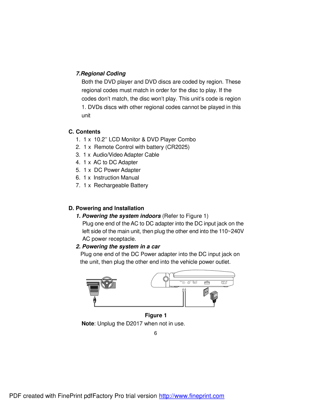 Audiovox D2017 manual Contents, Powering and Installation 