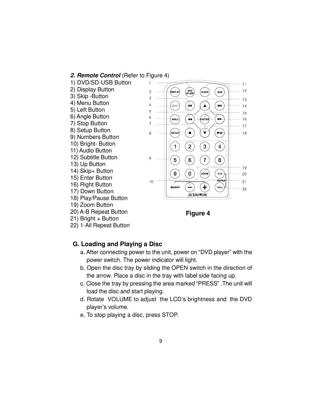 Audiovox D2017PK manual Loading and Playing a Disc 