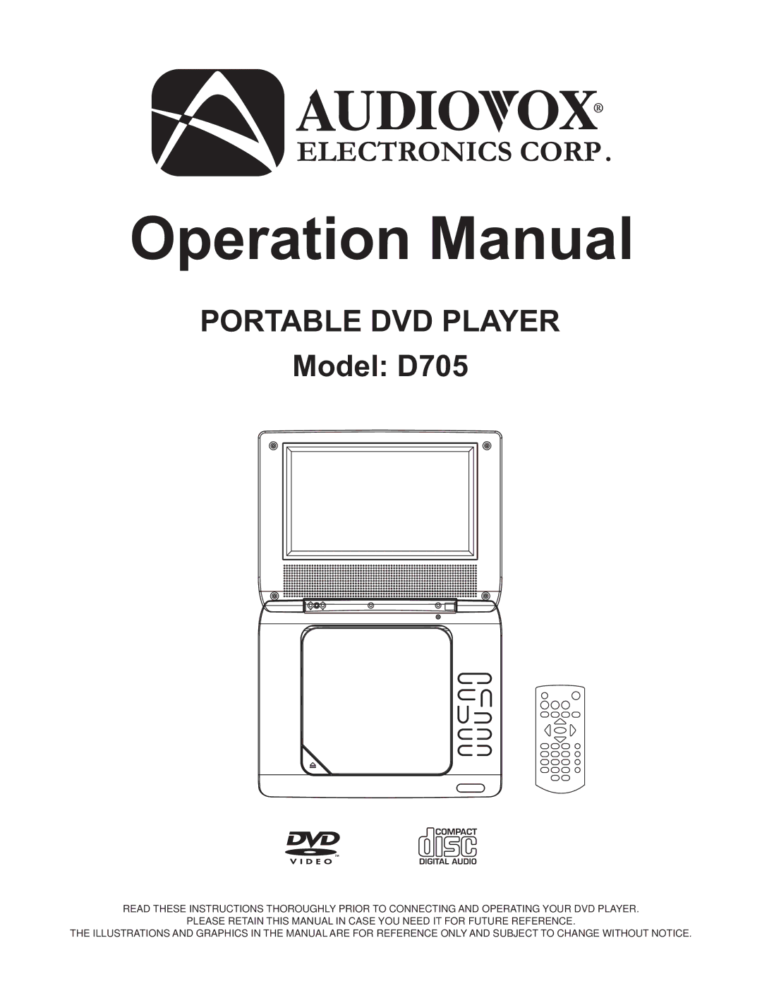 Audiovox D705 operation manual Portable DVD Player 