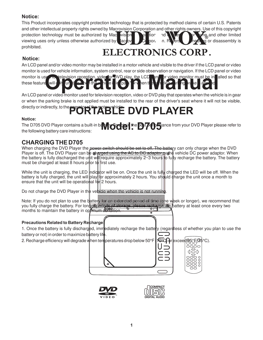 Audiovox operation manual Charging the D705, Precautions Related to Battery Recharge 