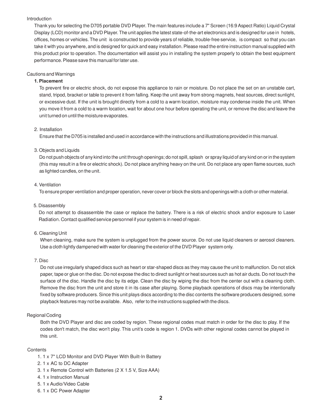 Audiovox D705 operation manual Introduction 