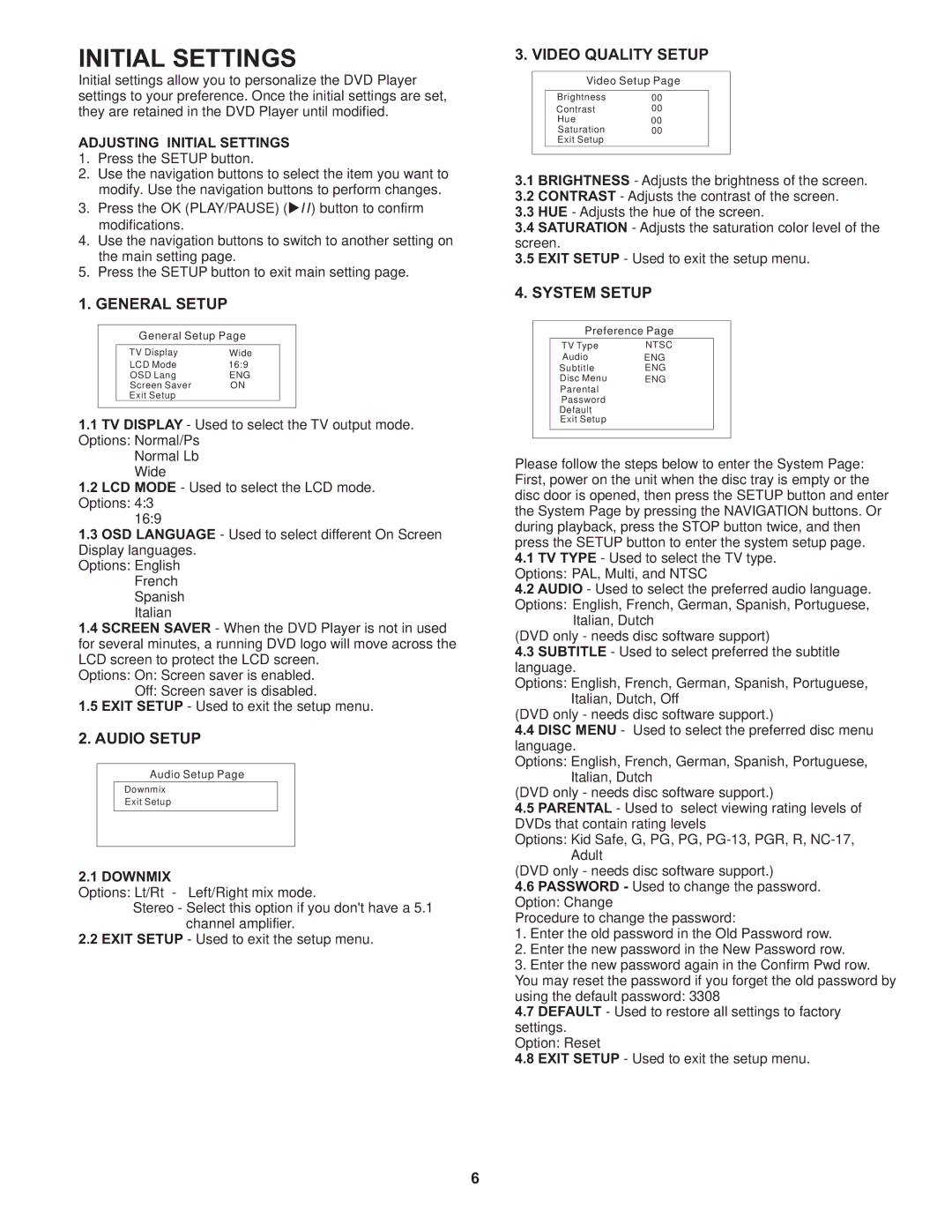 Audiovox D705 operation manual Adjusting Initial Settings, Downmix 