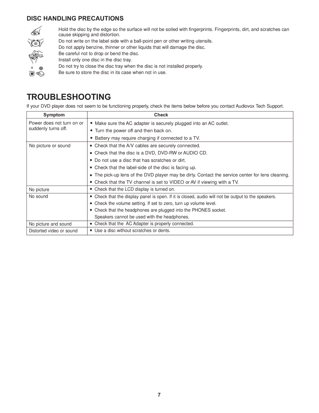 Audiovox D705 operation manual Troubleshooting, Disc Handling Precautions 