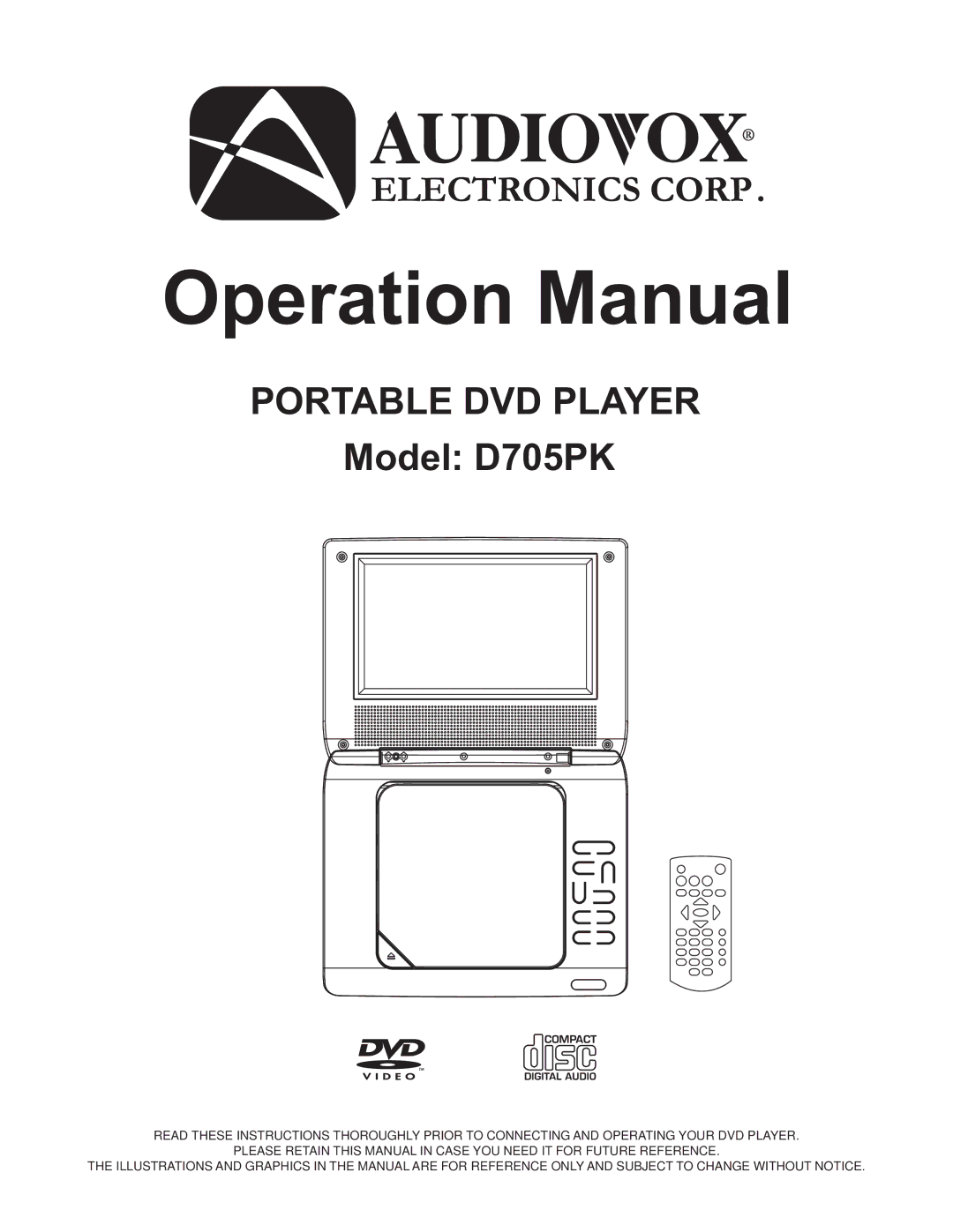 Audiovox D705PK operation manual Portable DVD Player 