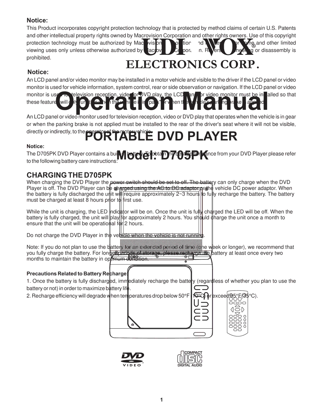 Audiovox operation manual Charging the D705PK, Precautions Related to Battery Recharge 