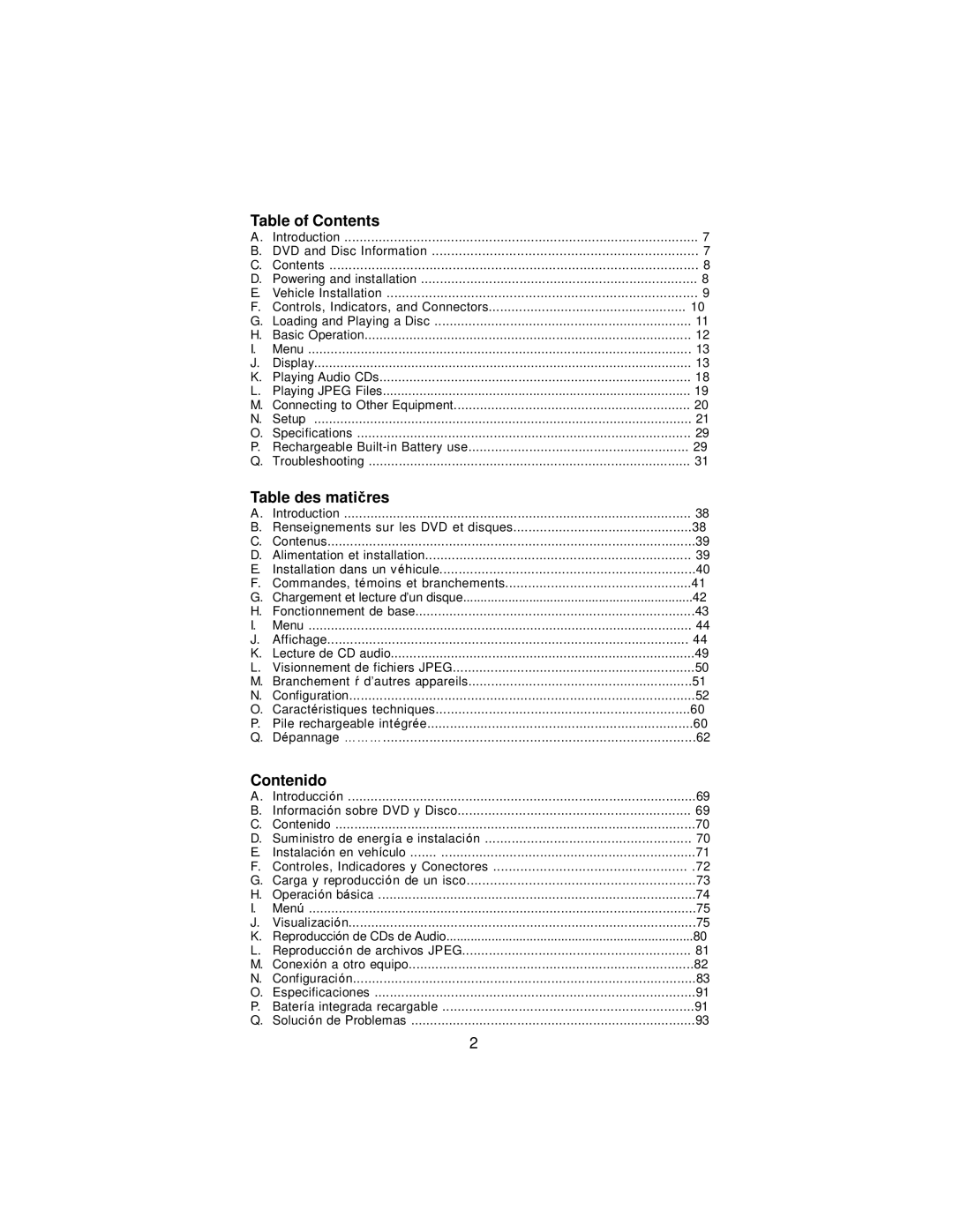 Audiovox D7104PK, D710PK manual Table of Contents 