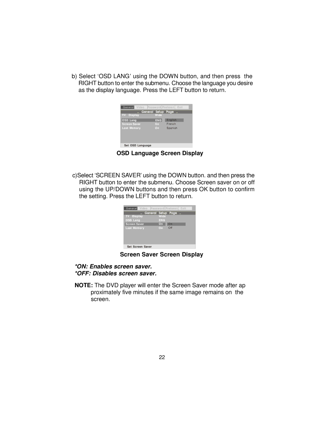 Audiovox D7104PK, D710PK manual OSD Language Screen Display, Screen Saver Screen Display 