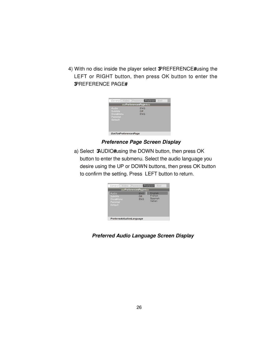 Audiovox D7104PK, D710PK manual Preference Page Screen Display, Preferred Audio Language Screen Display 