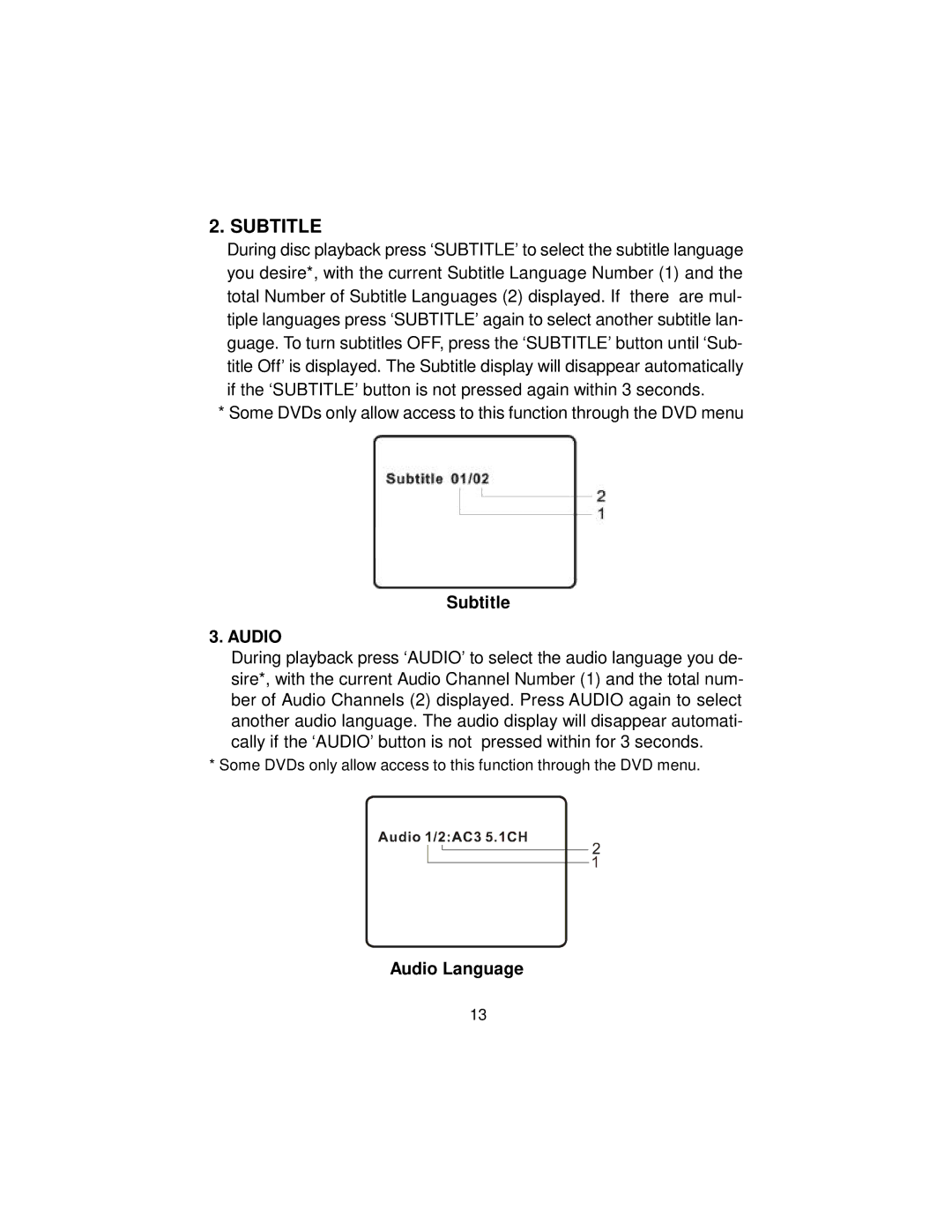 Audiovox D8000IP manual Subtitle, Audio Language 