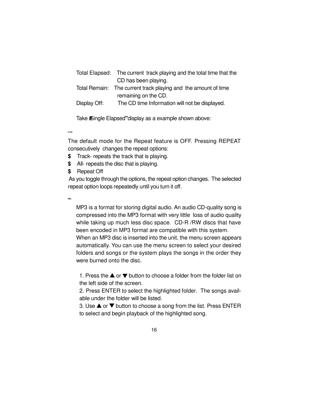 Audiovox D8000IP manual Using the Repeat Feature, Playing MP3 Discs 