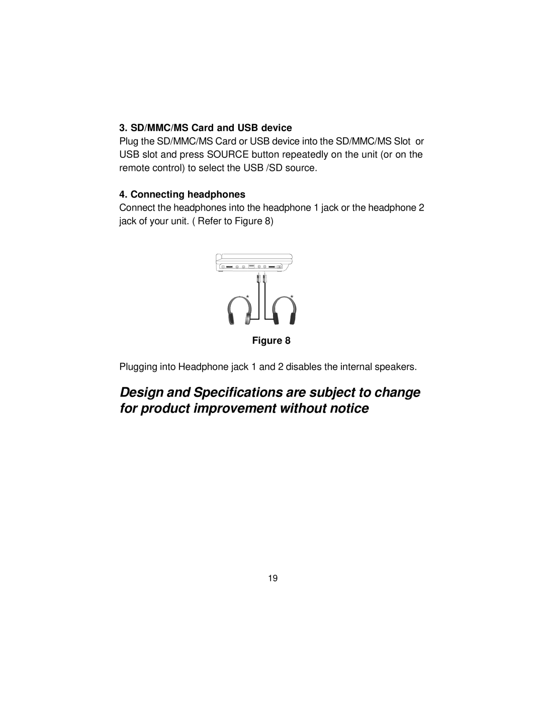 Audiovox D8000IP manual SD/MMC/MS Card and USB device, Connecting headphones 