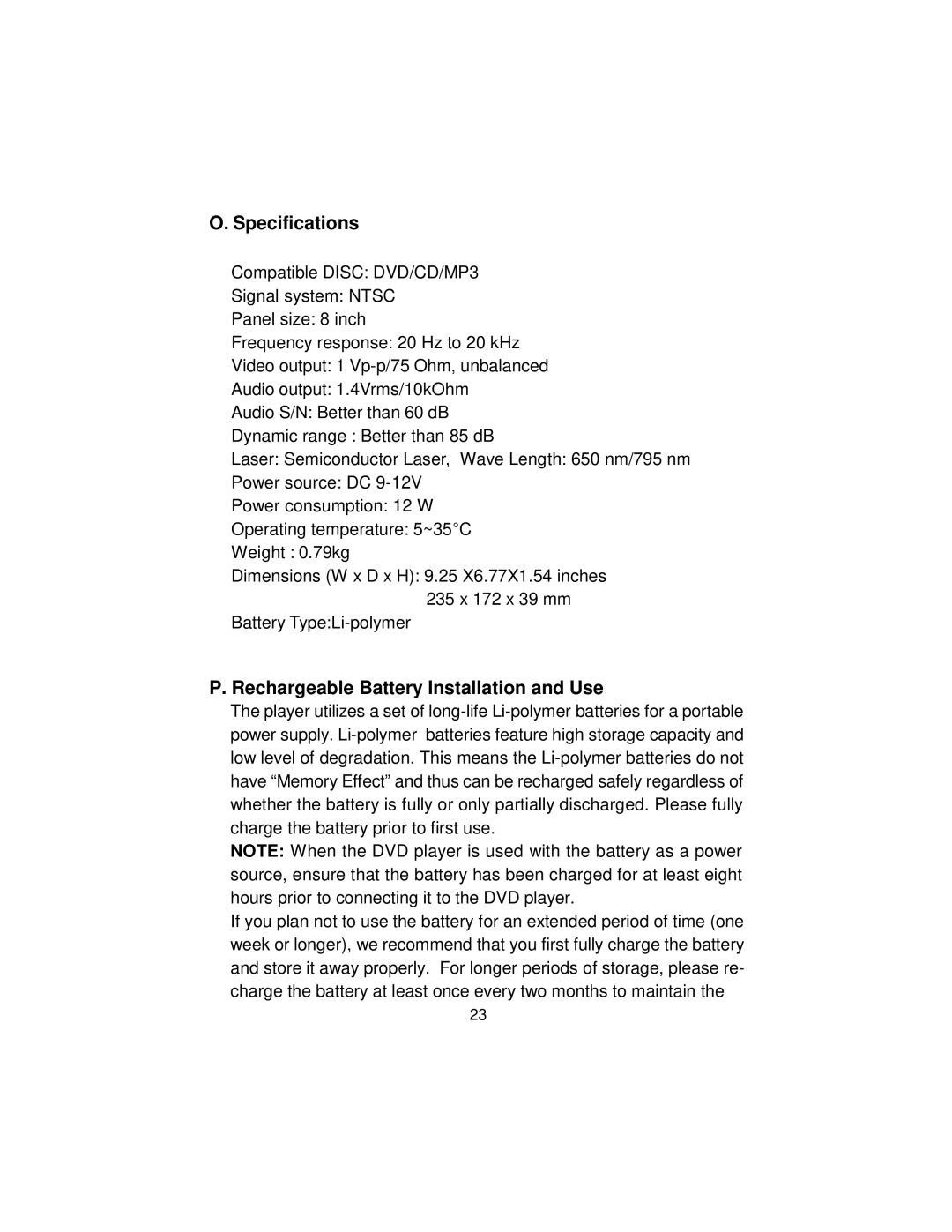 Audiovox D8000IP manual Specifications, Rechargeable Battery Installation and Use 