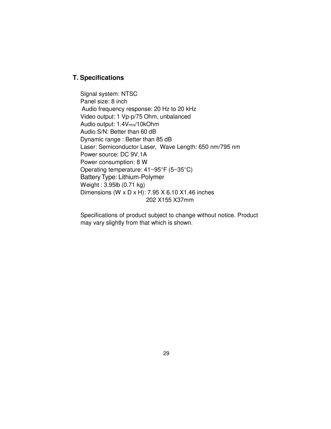 Audiovox D8000XP manual Specifications, Battery Type Lithium-Polymer 