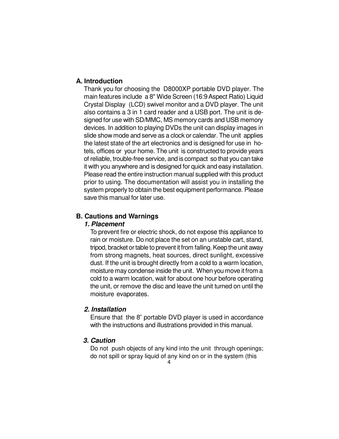 Audiovox D8000XP manual Introduction, Placement 