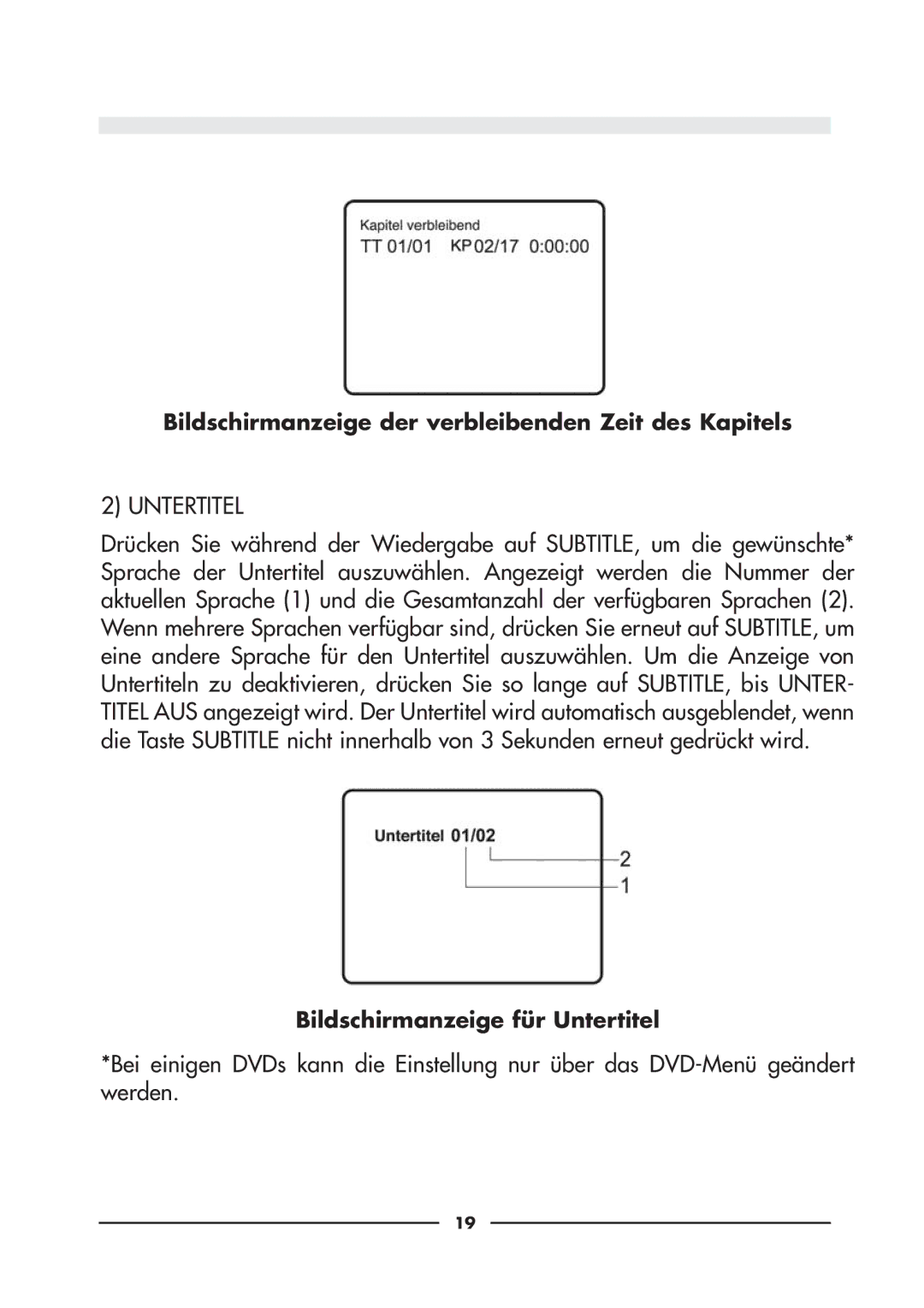 Audiovox D900 owner manual Bildschirmanzeige der verbleibenden Zeit des Kapitels, Bildschirmanzeige für Untertitel 