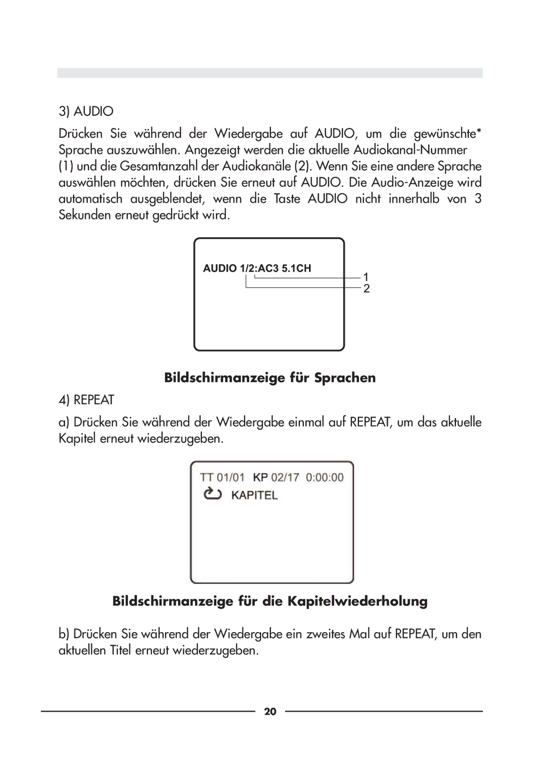 Audiovox D900 owner manual Bildschirmanzeige für Sprachen, Bildschirmanzeige für die Kapitelwiederholung 