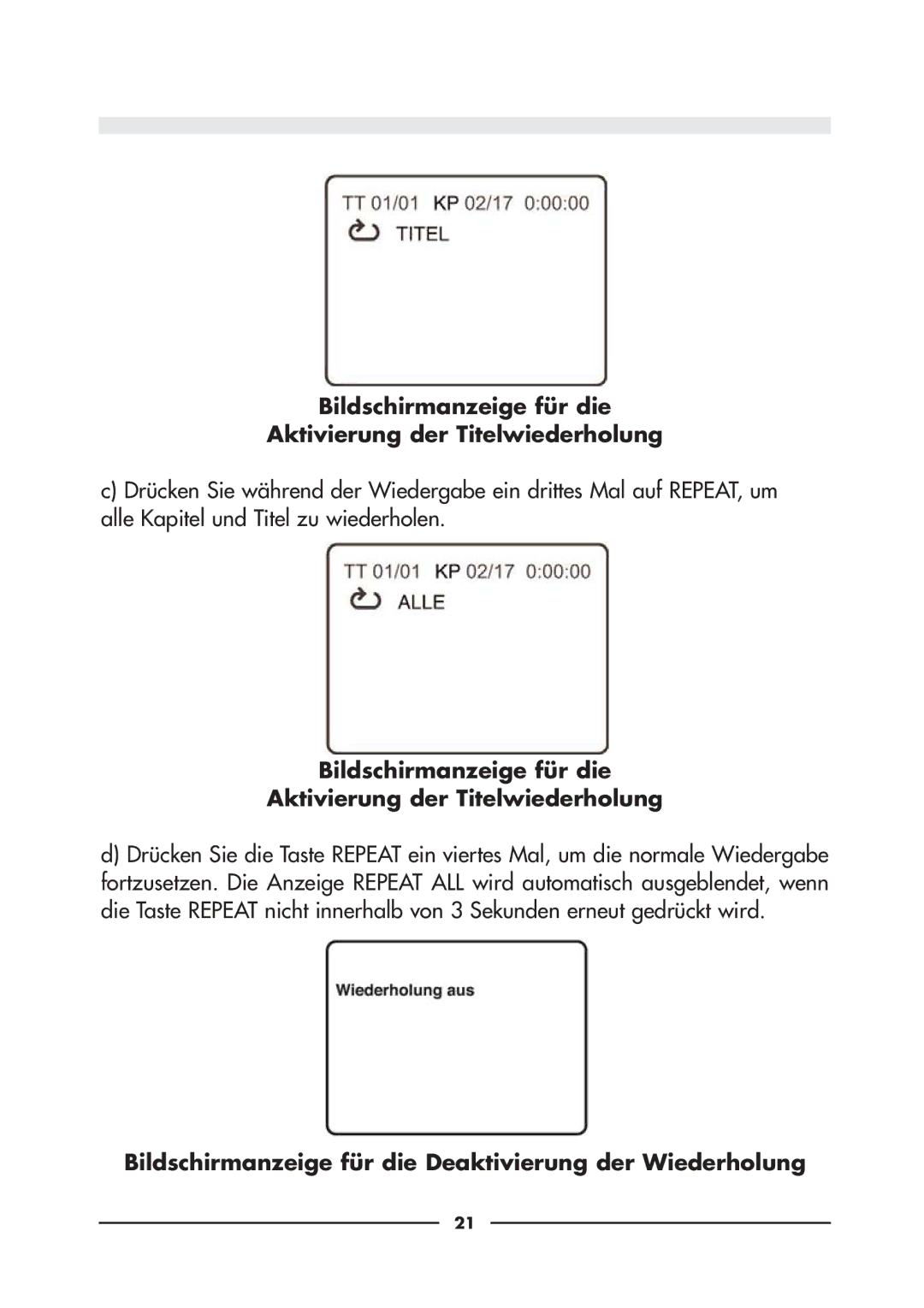 Audiovox D900 owner manual Bildschirmanzeige für die Aktivierung der Titelwiederholung 