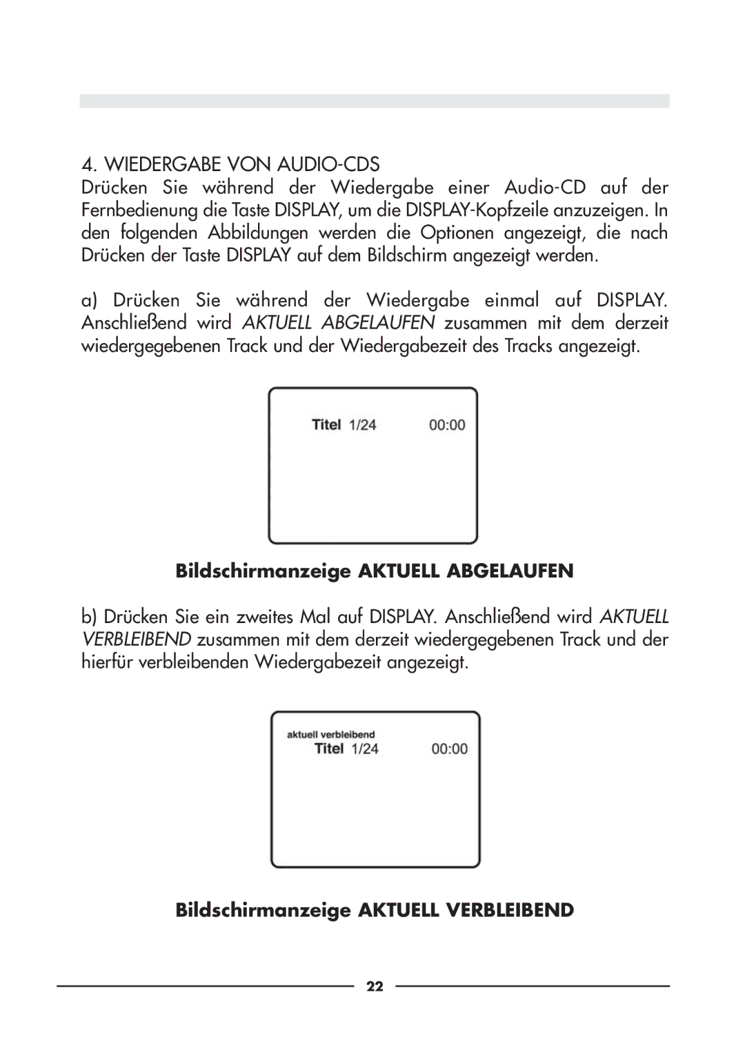 Audiovox D900 owner manual Wiedergabe VON AUDIO-CDS 