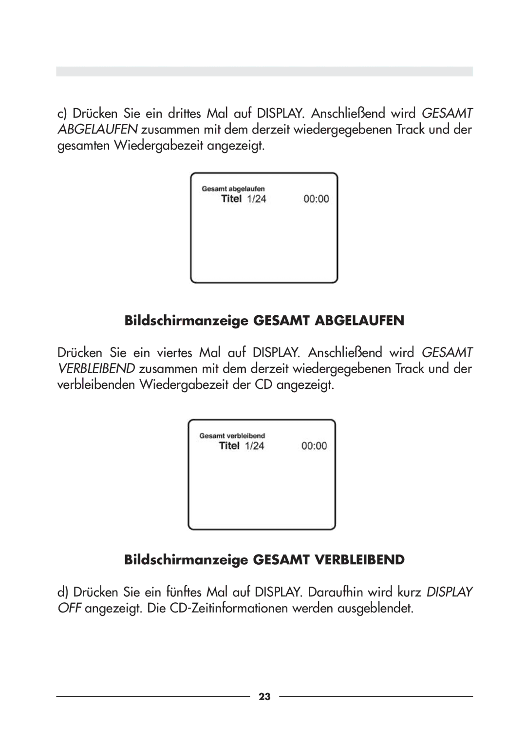 Audiovox D900 owner manual Bildschirmanzeige Gesamt Abgelaufen 