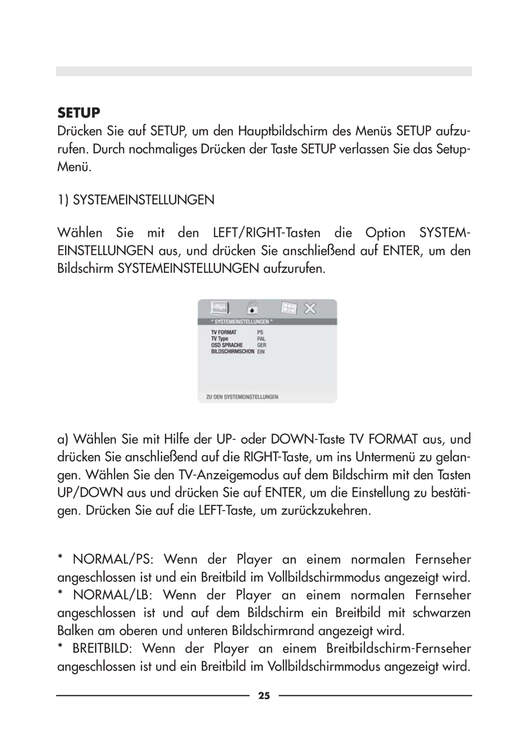 Audiovox D900 owner manual Setup, Systemeinstellungen 