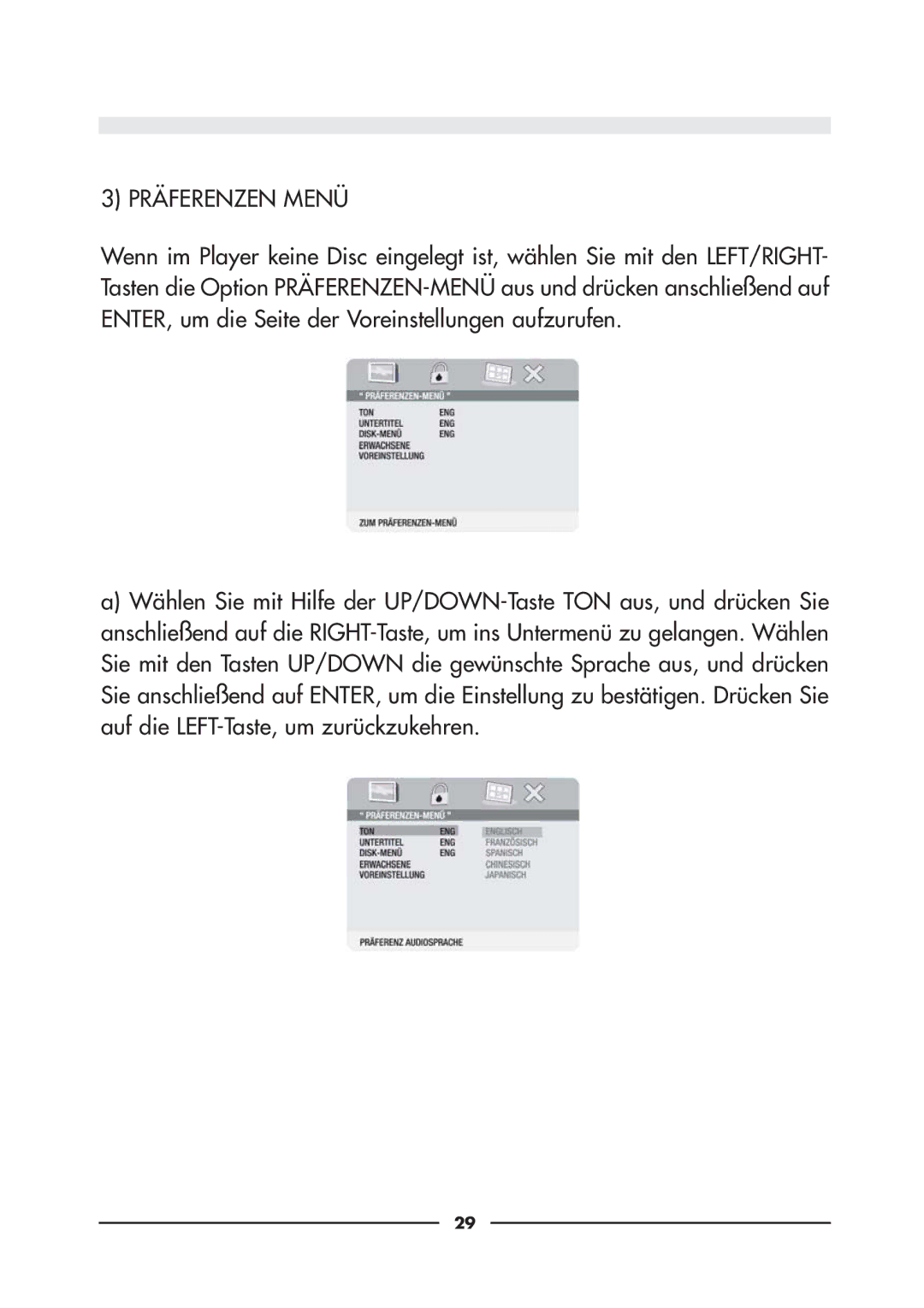 Audiovox D900 owner manual Präferenzen Menü 