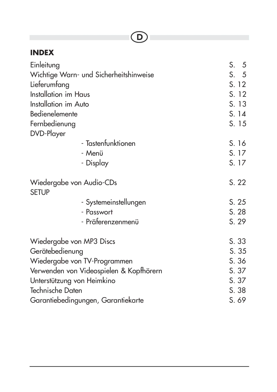 Audiovox D900 owner manual Index, Setup 