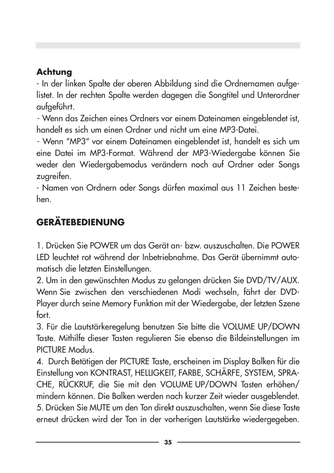 Audiovox D900 owner manual Gerätebedienung, Achtung 