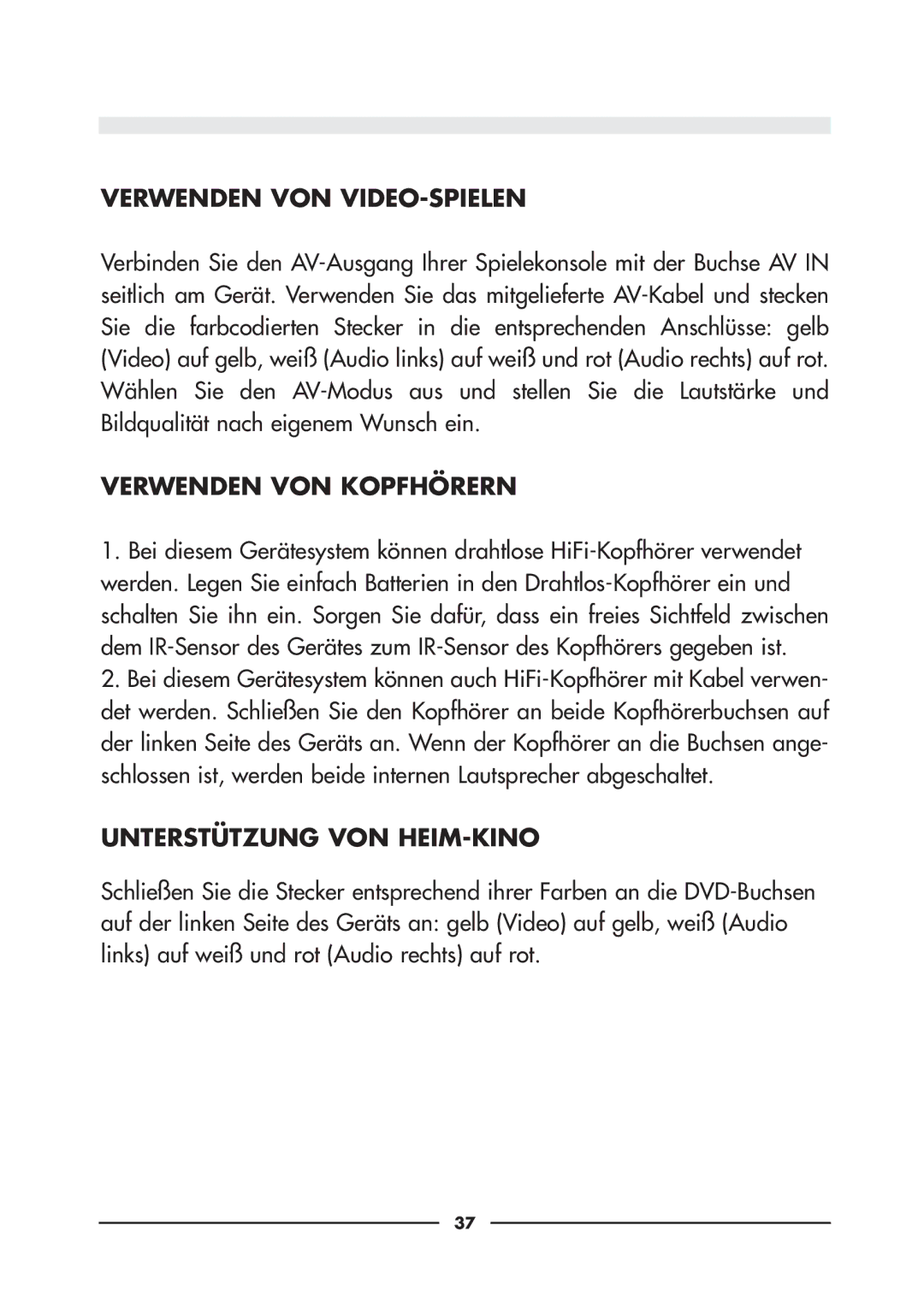 Audiovox D900 owner manual Verwenden VON VIDEO-SPIELEN, Verwenden VON Kopfhörern, Unterstützung VON HEIM-KINO 