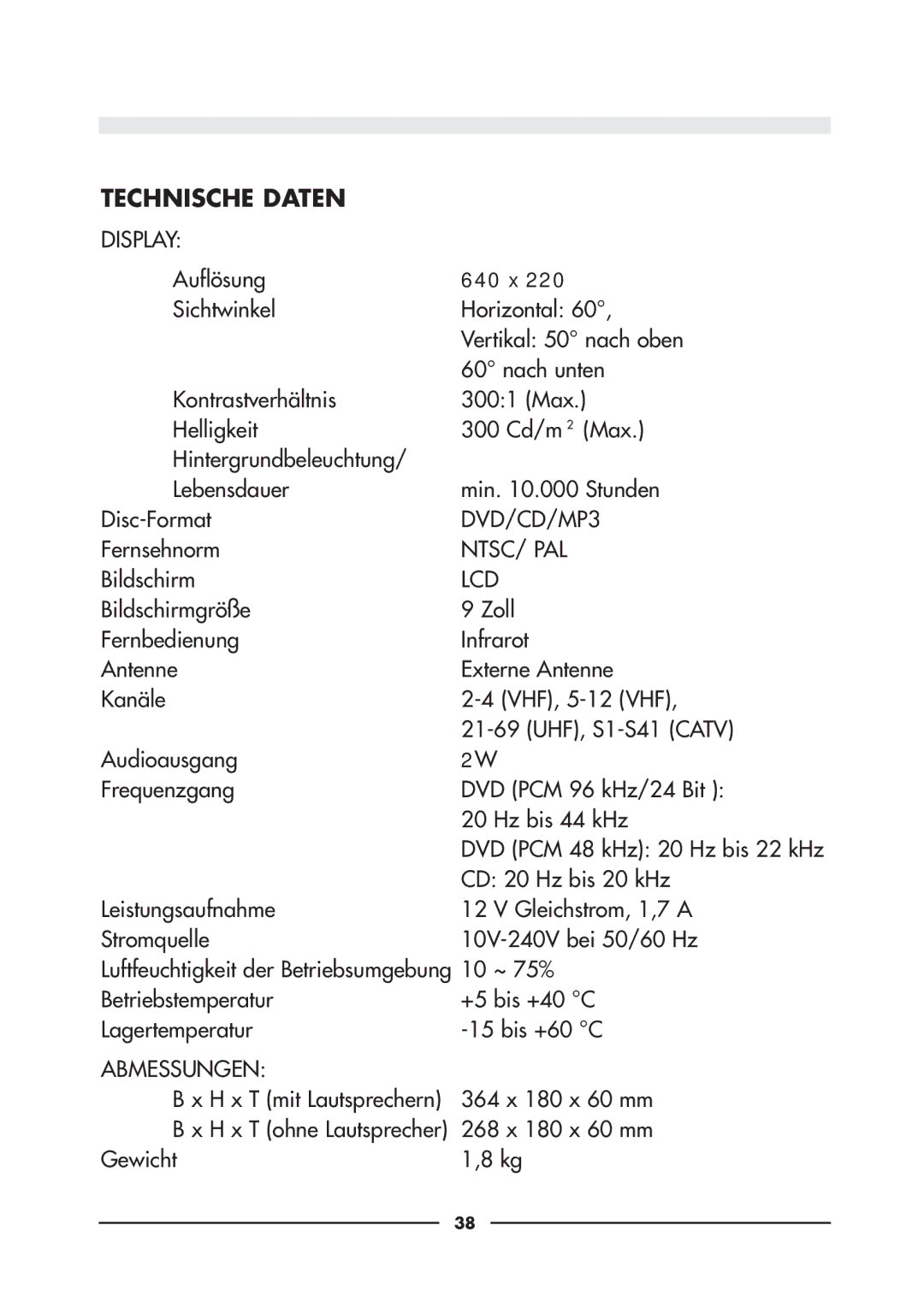 Audiovox D900 owner manual Technische Daten, Lcd 