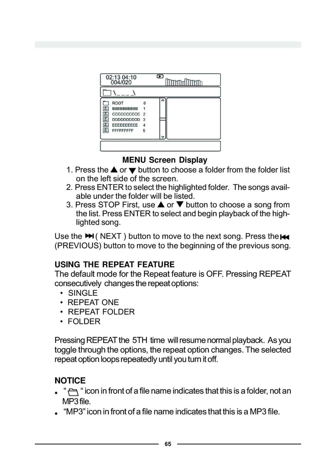 Audiovox D900 owner manual Using the Repeat Feature 