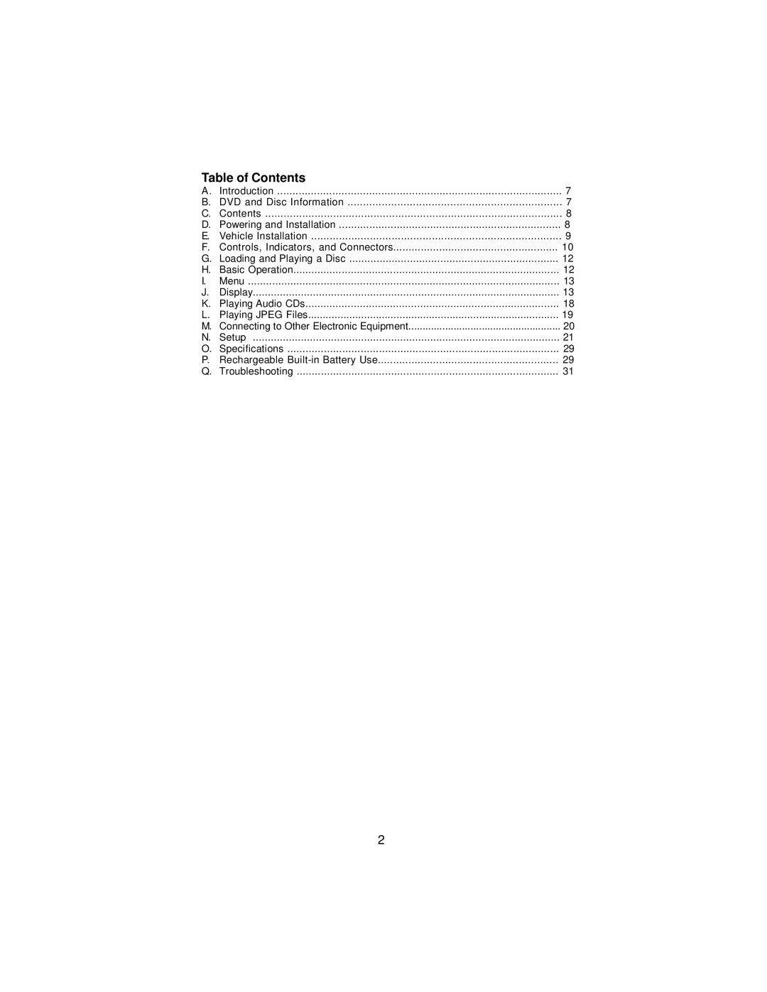 Audiovox D9104PK manual Table of Contents 