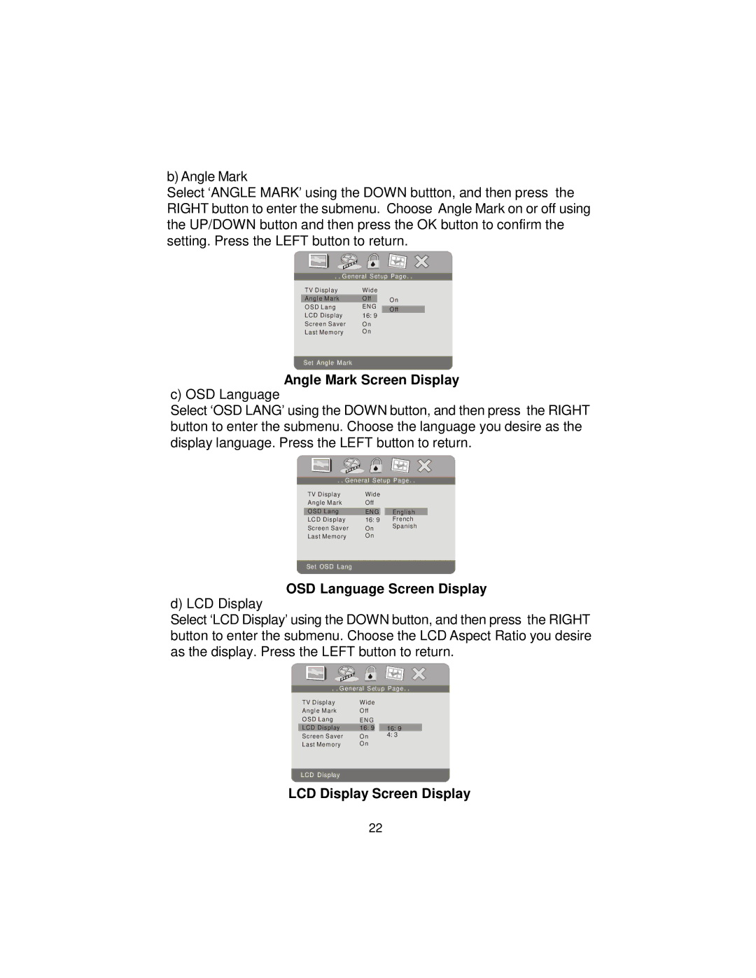 Audiovox D9104PK manual Angle Mark Screen Display, OSD Language Screen Display, LCD Display Screen Display 
