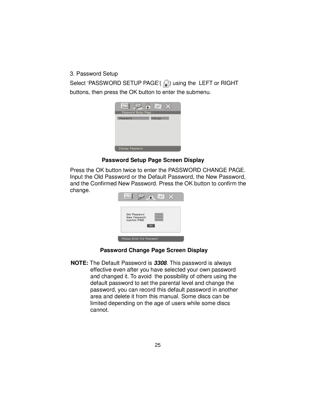 Audiovox D9104PK manual Password Setup Page Screen Display, Password Change Page Screen Display 