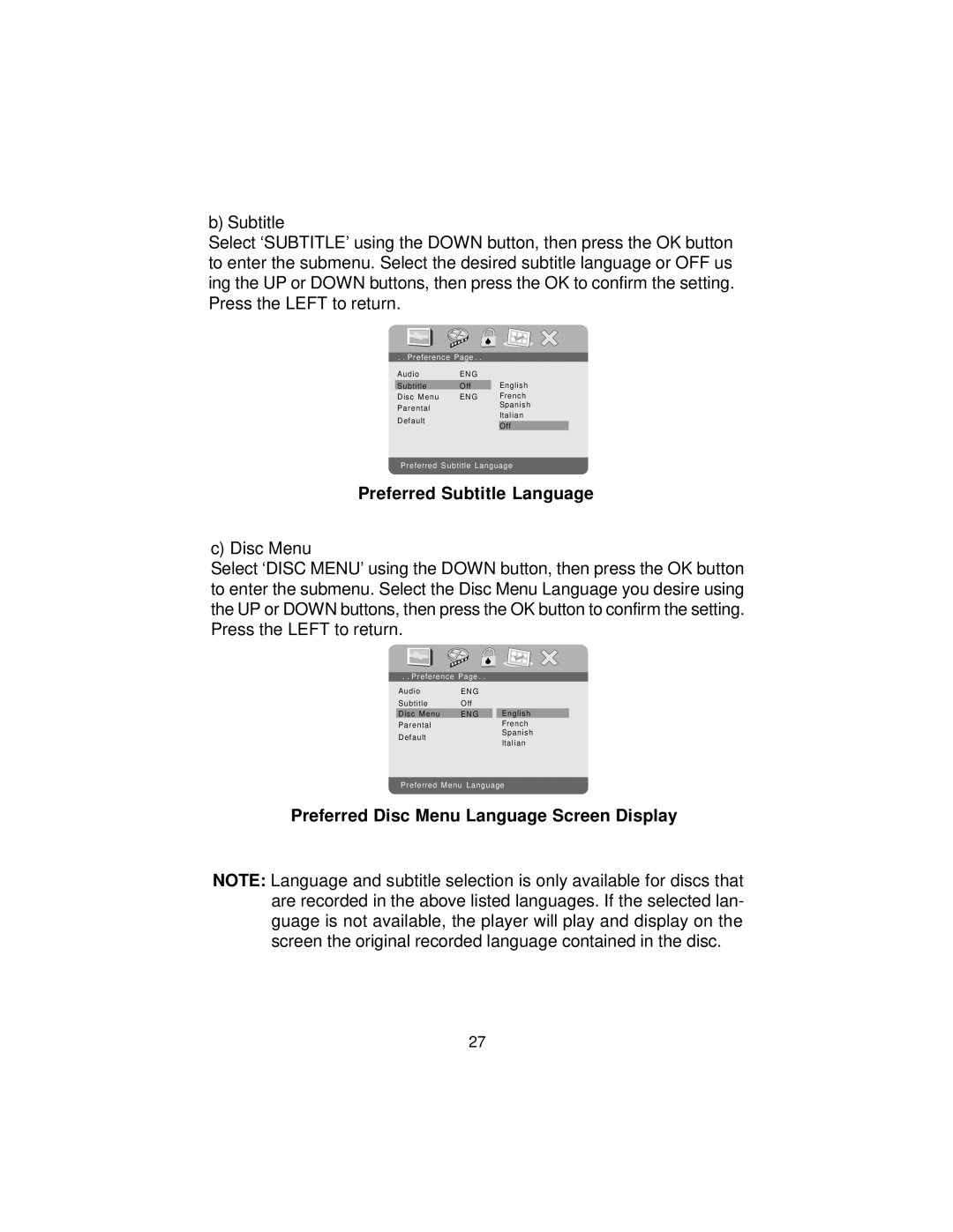 Audiovox D9104PK manual Preferred Subtitle Language, Preferred Disc Menu Language Screen Display 