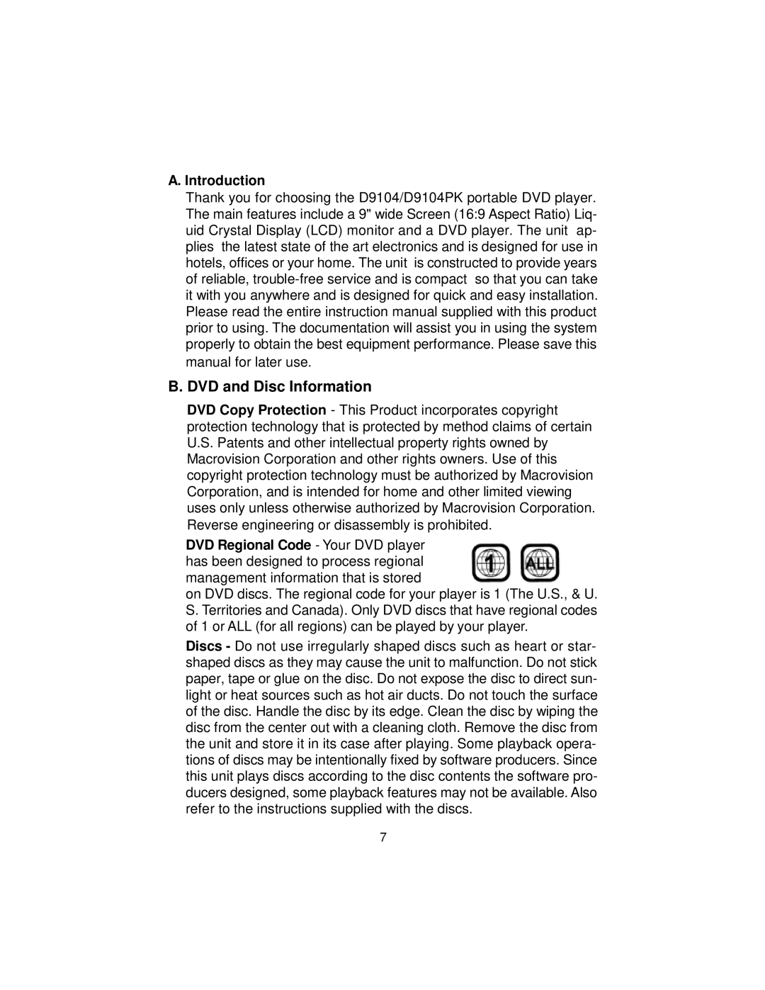 Audiovox D9104PK manual DVD and Disc Information, Introduction 