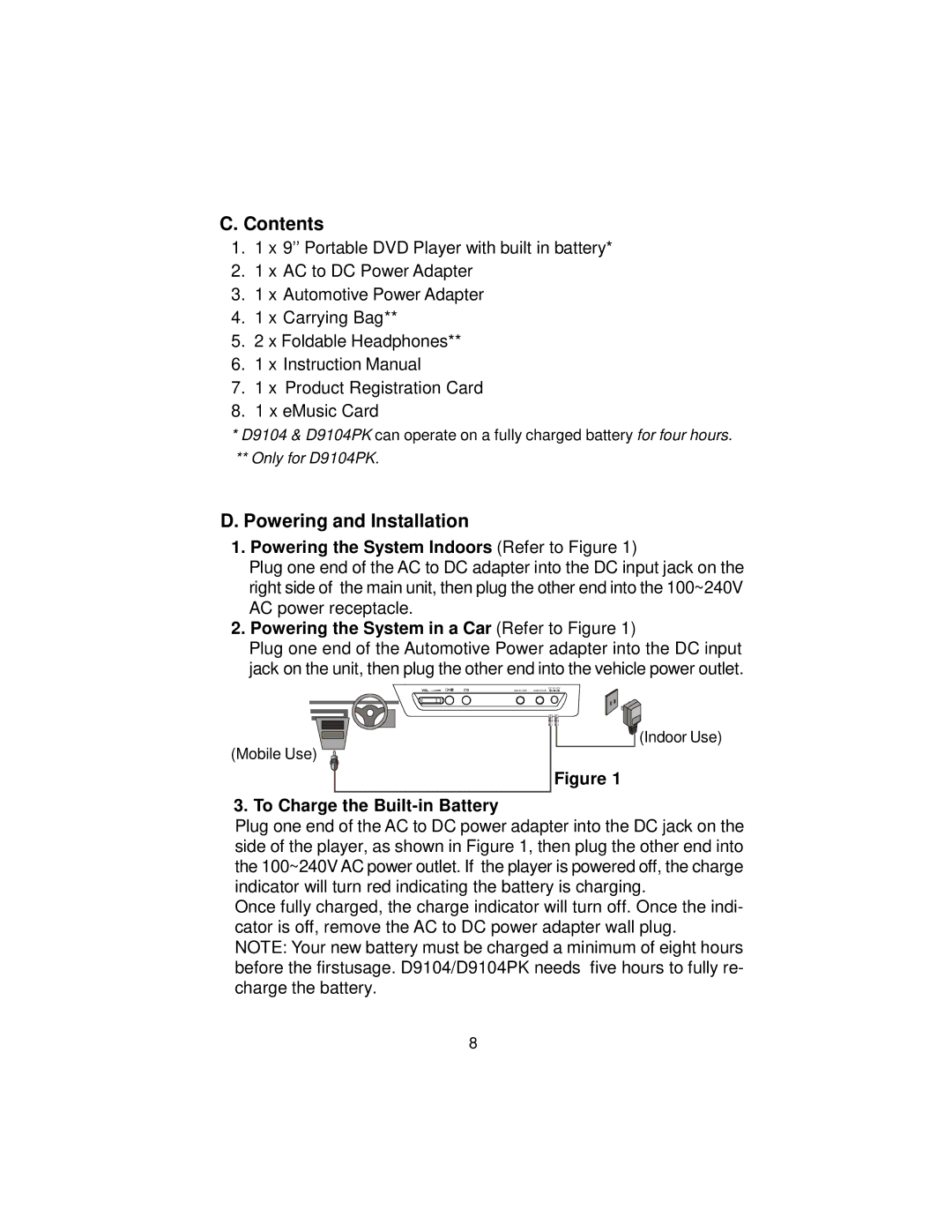 Audiovox D9104PK manual Contents, Powering and Installation 