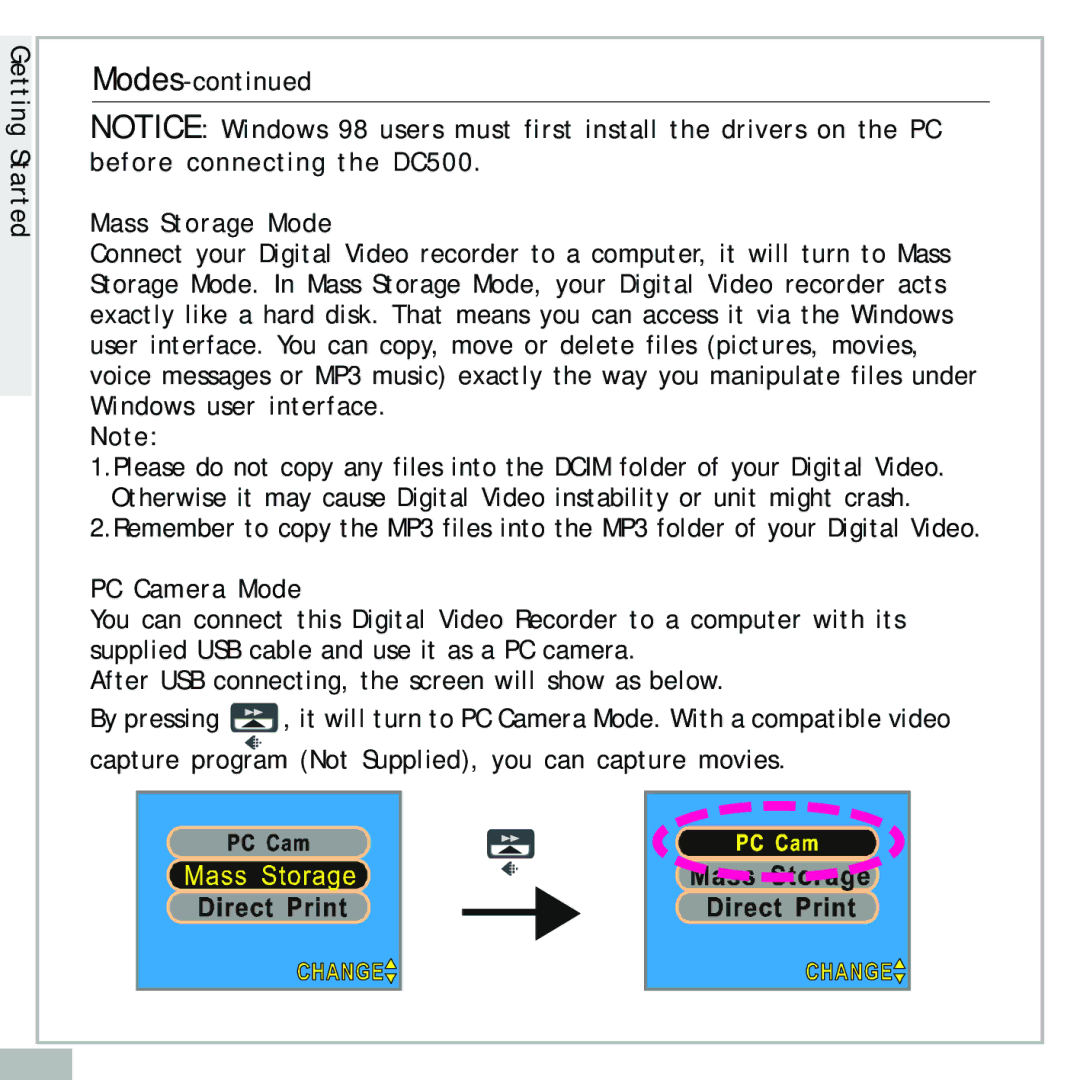 Audiovox DC500 operating instructions Mass Storage Mode, PC Camera Mode 