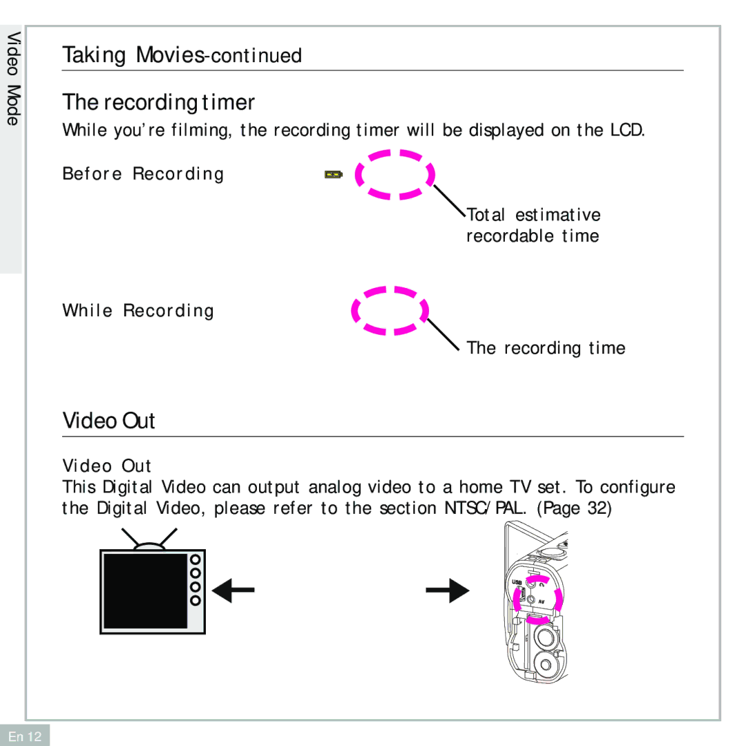 Audiovox DC500 operating instructions Taking Movies Recording timer, Video Out, Before Recording, While Recording 