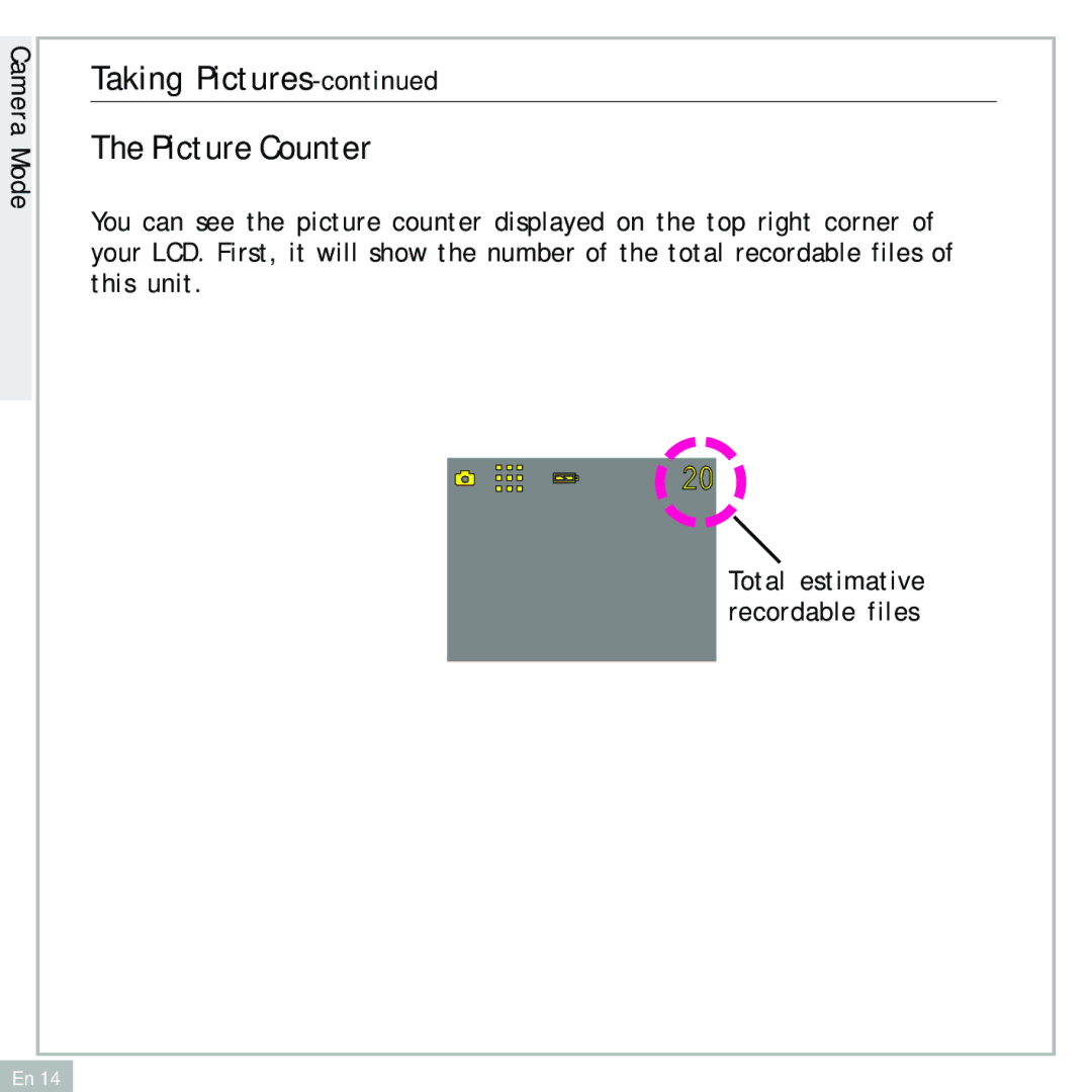 Audiovox DC500 operating instructions Taking Pictures Picture Counter 