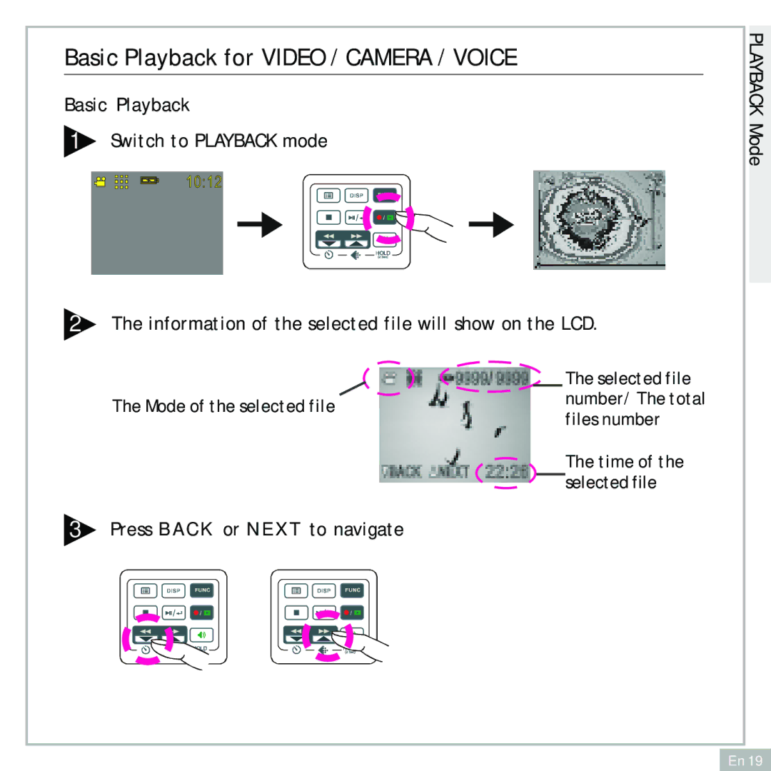 Audiovox DC500 operating instructions Basic Playback for Video / Camera / Voice 