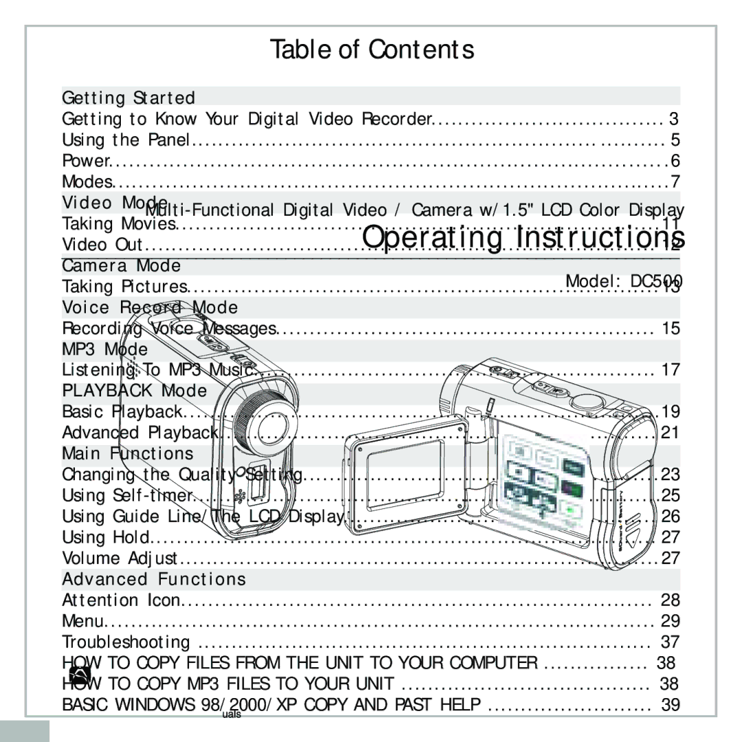 Audiovox DC500 operating instructions Table of Contents 