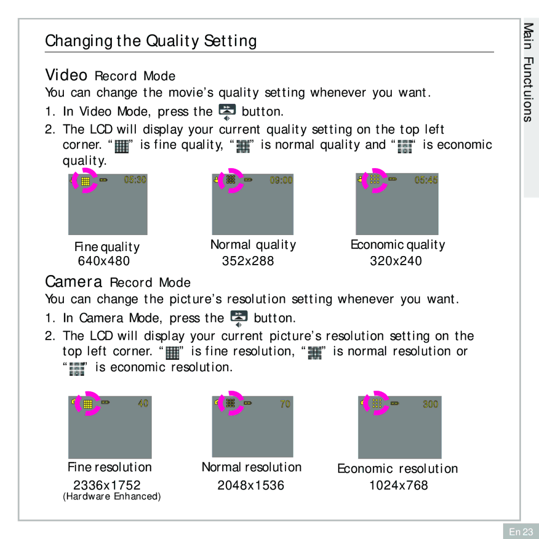 Audiovox DC500 operating instructions Changing the Quality Setting, Video Record Mode, Fine quality Normal quality 