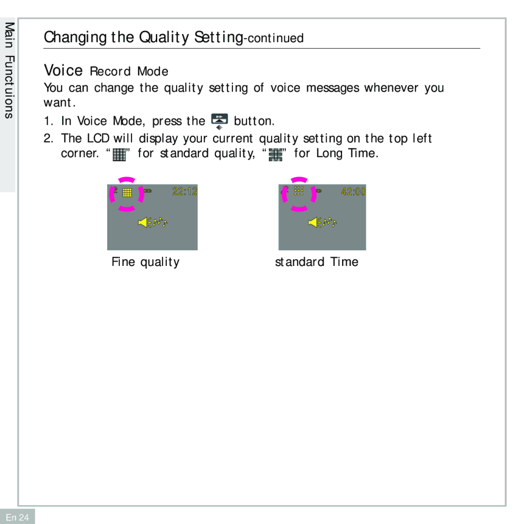 Audiovox DC500 operating instructions Changing the Quality Setting, Voice Record Mode 