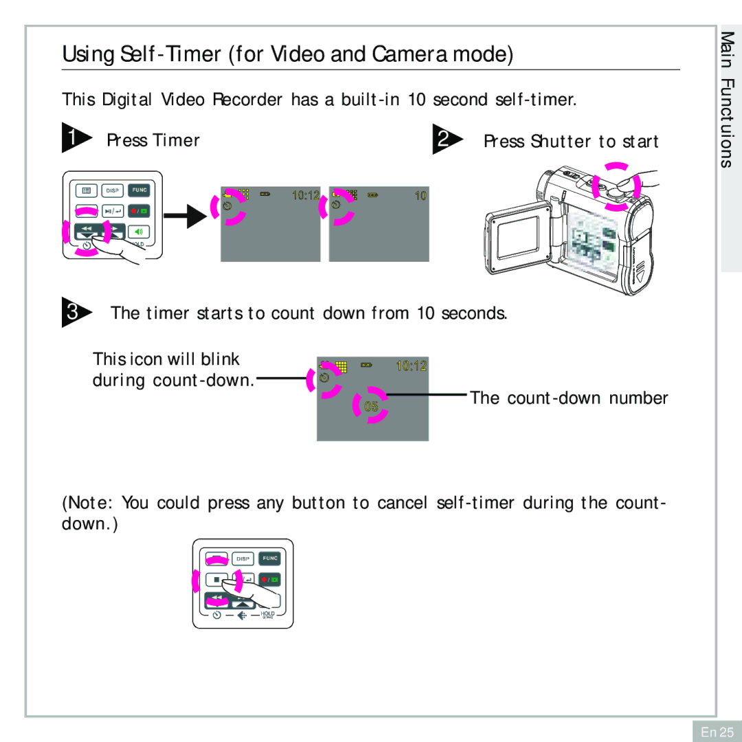 Audiovox DC500 operating instructions Using Self-Timer for Video and Camera mode 