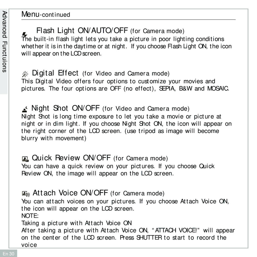 Audiovox DC500 operating instructions Flash Light ON/AUTO/OFF for Camera mode, Quick Review ON/OFF for Camera mode 