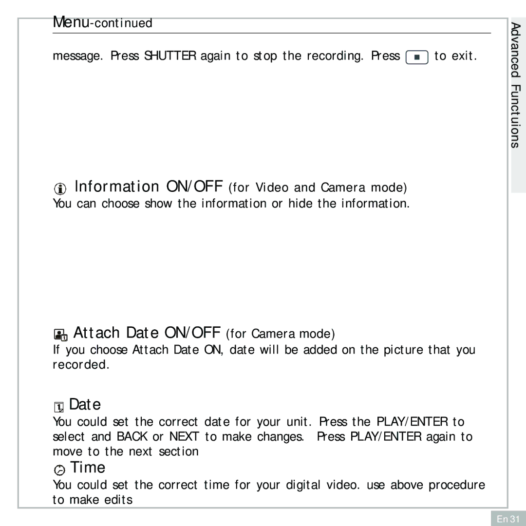 Audiovox DC500 Attach Date ON/OFF for Camera mode, Time, Information ON/OFF for Video and Camera mode 