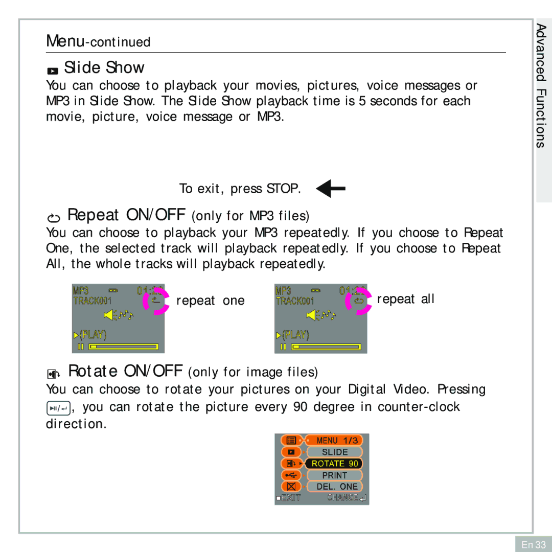 Audiovox DC500 operating instructions Slide Show, Repeat ON/OFF only for MP3 files, Rotate ON/OFF only for image files 