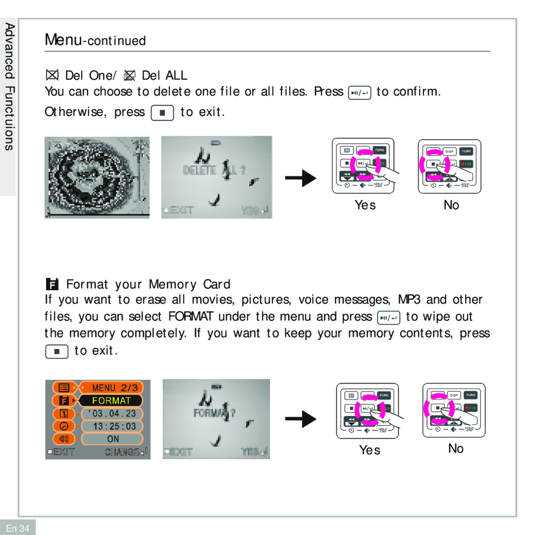 Audiovox DC500 operating instructions Del One/ Del ALL, Format your Memory Card 