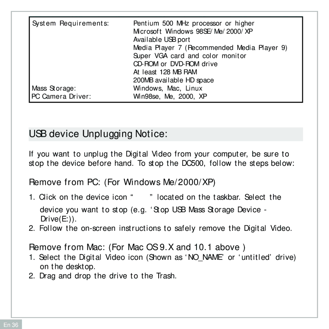 Audiovox DC500 operating instructions USB device Unplugging Notice, System Requirements 