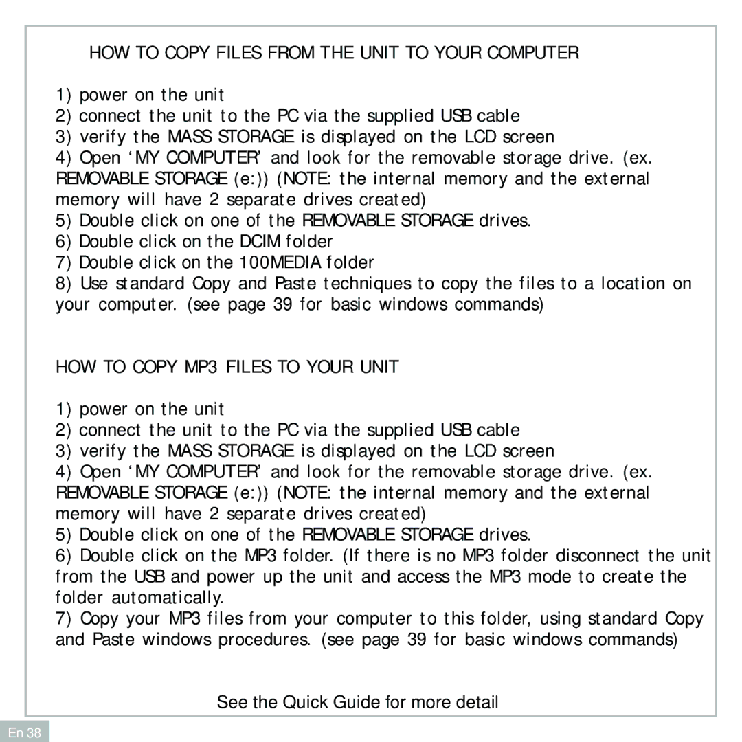 Audiovox DC500 operating instructions HOW to Copy Files from the Unit to Your Computer 